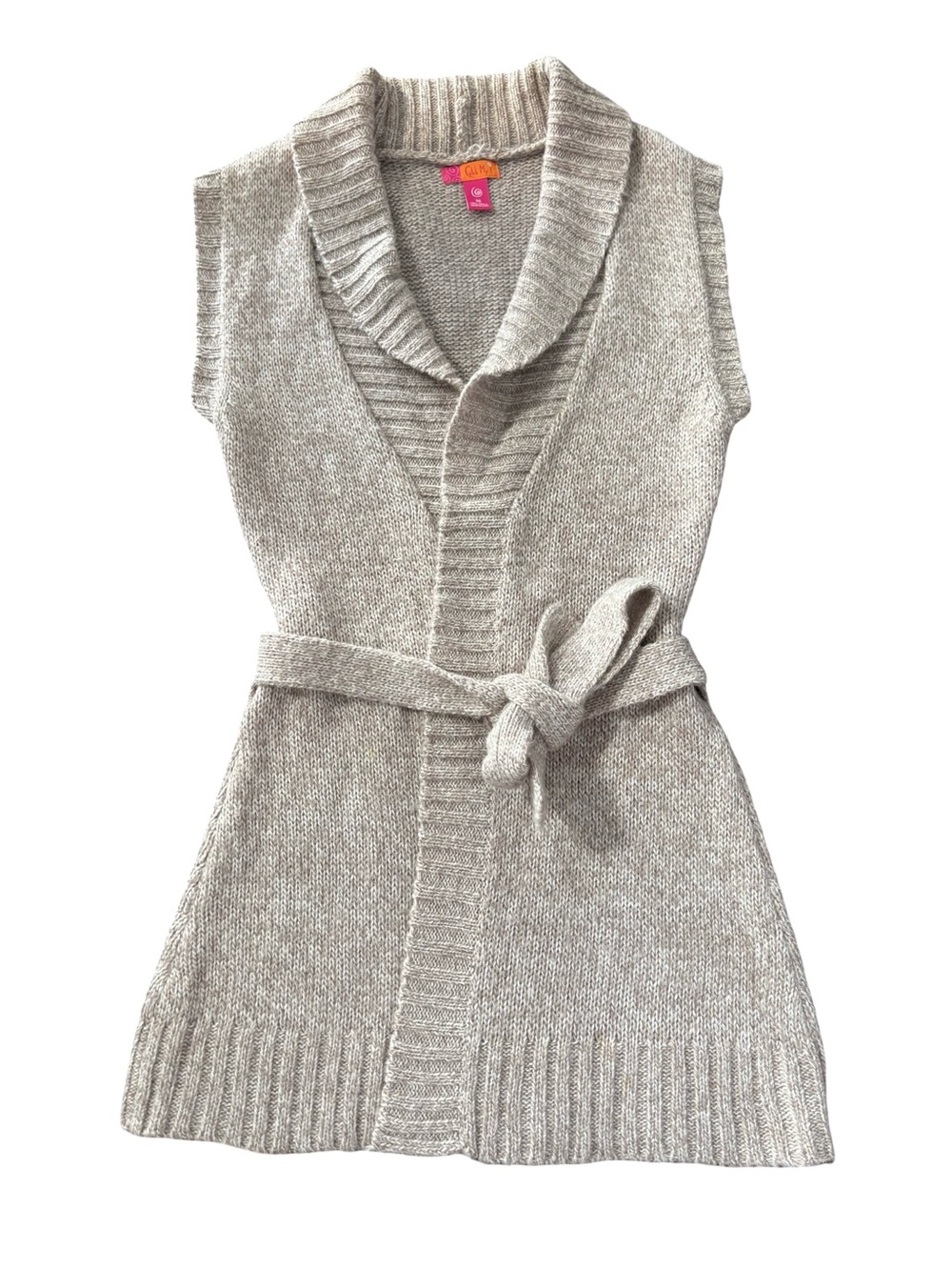 Sleeveless Shawl-Collar Belted Knit Sweater in Light Tan Size M